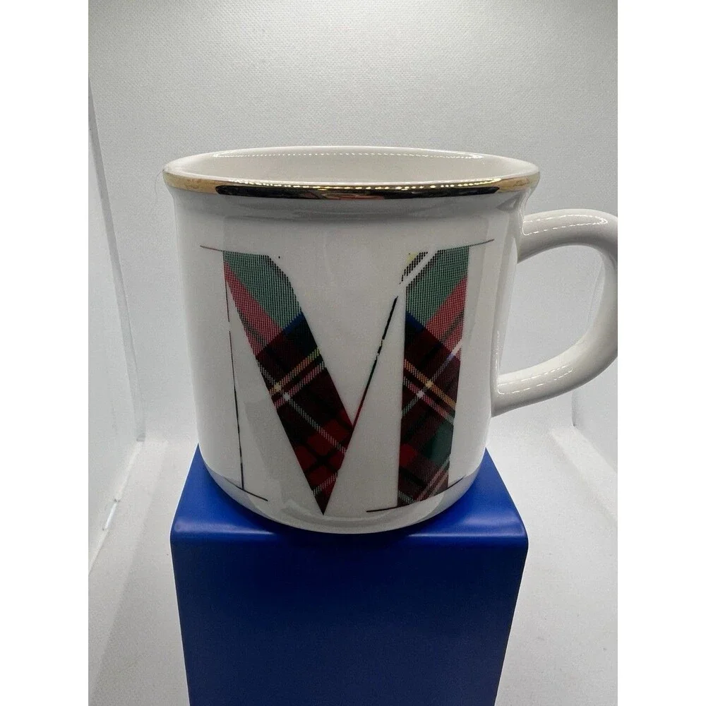 POTTERY BARN STEWART PLAID (M) INITIAL COFFEE MUG Christmas Red Green Table